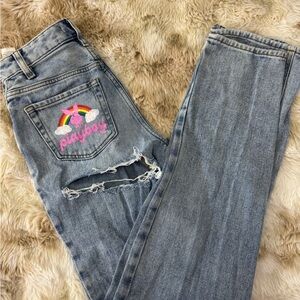 PLAYBOY Women's Light Blue Straight Leg Jeans with Rainbow Detail